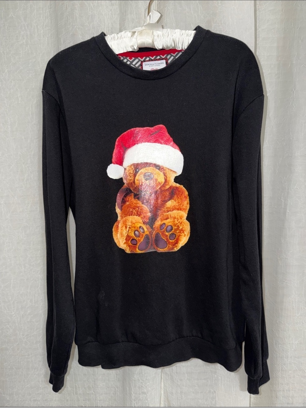 Denim & Flower x Ricky Singh Black Crew Santa Hat Teddy Bear Graphic Sweatshirt